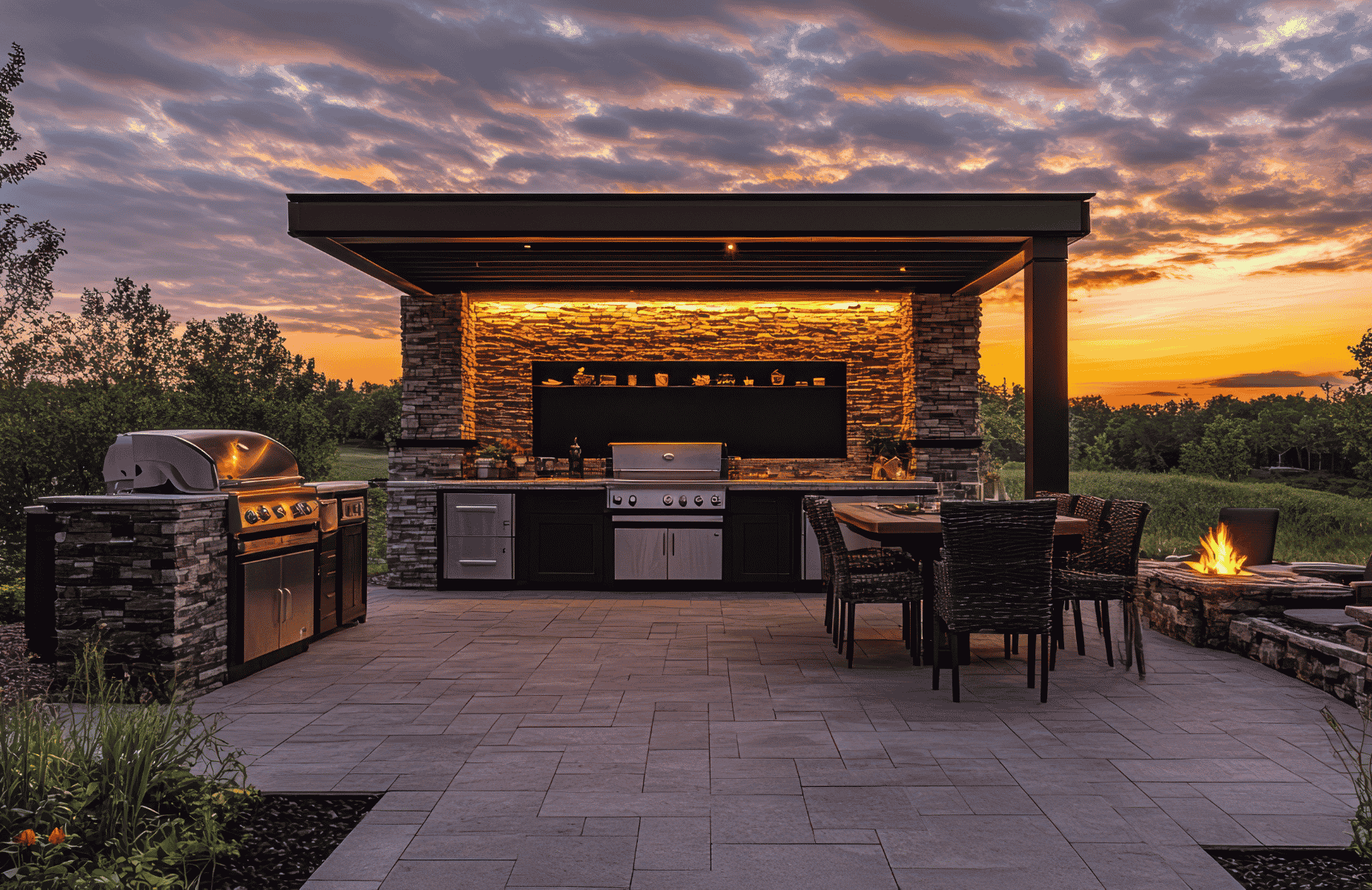outdoor kitchen fire pit Des Moines installation with stone seating wall and built-in grill by Escape Landscaping